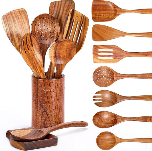 9 Piece Natural Teak Wooden Kitchen Utensil Set with Spoon Rest - Comfort Grip Cooking Spoons and Utensils Holder-Ruum Studio Home