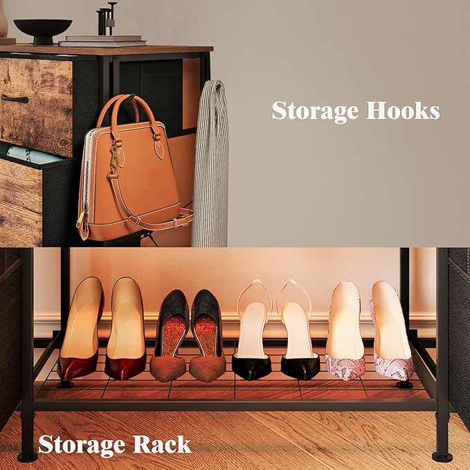 LUMTOK 55W 2-in-1 Dresser with Hanging Rack, 10 Drawers Dresser for Bedroom,Dressers with Fabric Drawers,LED Lights, Charging Station and Hanging Racks for Bedroom (Rustic Brown)-Ruum Studio Home