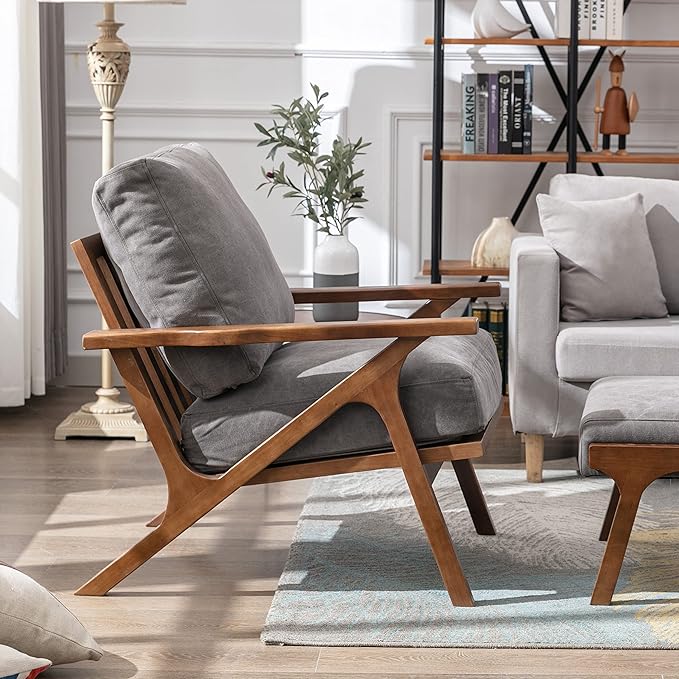 chairus Mid Century Accent Armchair Modern Upholstered Lounge Chair Compfy Leisure Arm Chair for Living Room Fireplace/Bedroom/Reception/Dorms, Denim Fabric Grey-Ruum Studio Home