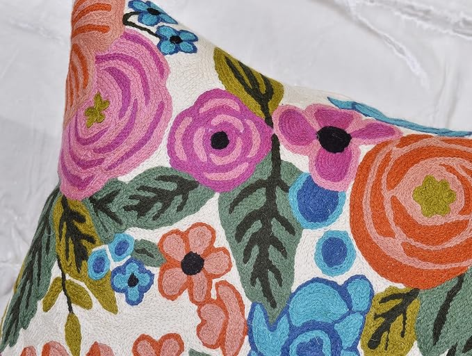 Roses Floral Pillow Cover Flower Farmhouse Chair Cushion Suzani Flowers Pillowcase Boho Florals Accent Throw Pillowsham Wool Hand Embroidered Size 18x18-Ruum Studio Home