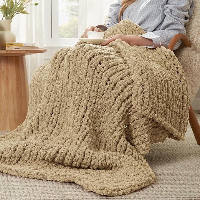 Amélie Home Chunky Knit Throw Blanket for Couch, Soft Chenille Crochet Blanket for Sofa, 50"x60", Beige-Ruum Studio Home