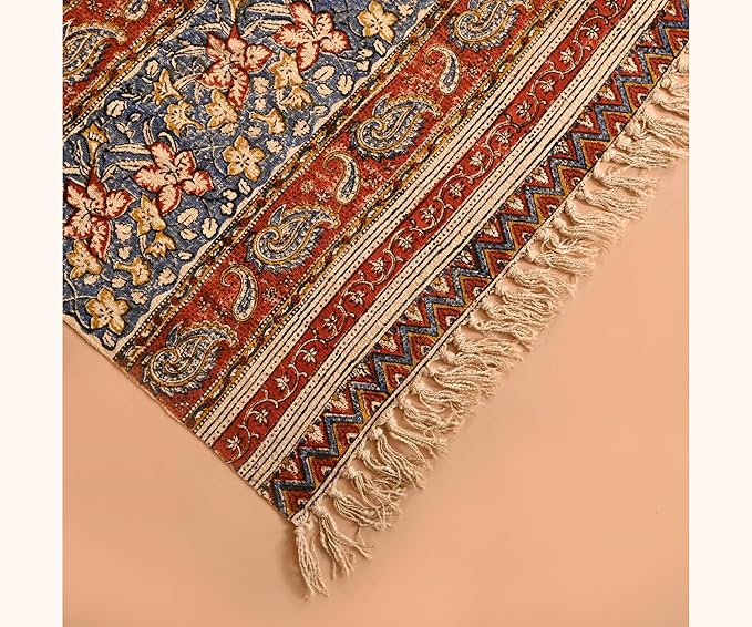 Handmade Cotton Floral Throw Blanket | Indian Block Print with Tassels | Boho Fringed Sofa & Bed Cover | 48x70 Inches Lightweight Decorative Throw for Couch, Living Room & Bedroom-Ruum Studio Home