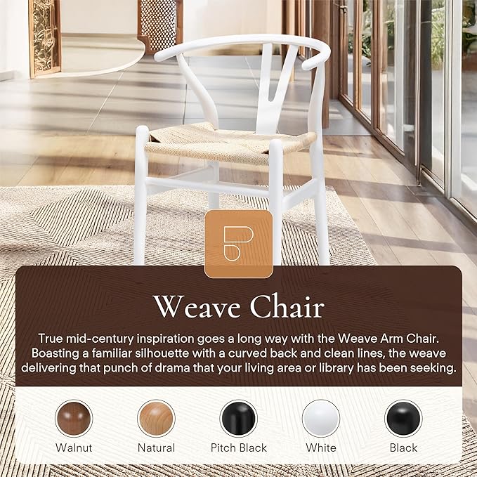 POLY & BARK Weave Dining Chair – Mid-Century Modern Wishbone Dining Chair with Arms, Solid Wood Frame, Indoor Use – White – Single - Ideal for Dining Room, Kitchen or Stylish Accent Setting-Ruum Studio Home