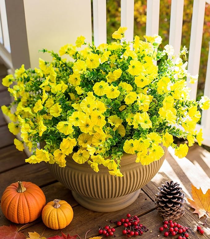 Artificial Mums for Outdoors Fake Fall Flowers Plants for Autumn Decoration, 12 Bundles Silk Morning Glory with Eucalyptus Look Real UV Resistant Yellow Faux Mums for Outside Planters Front Door Yard-Ruum Studio Home