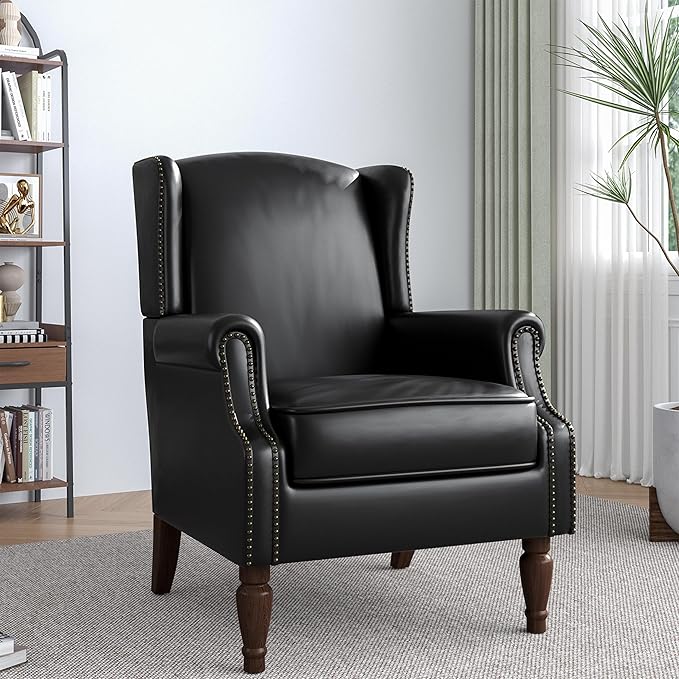 Accent Chair, Faux Leather High Back Armchair or Living Room, Comfy Upholstered Single Sofa Reading Chair with Solid Wood Legs for Office, Bedroom, Waiting Room-Black-Ruum Studio Home