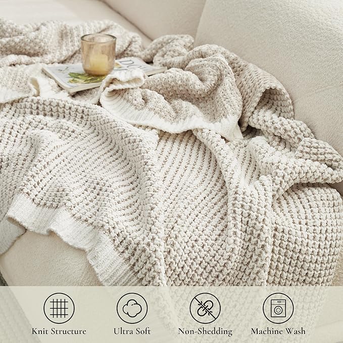 Amélie Home Chenille Waffle Throw Blanket for Couch, Reversible Pineapple Stitch Knit Soft Cozy Knit Blanket Lightweight Warm Decorative Throw for Sofa, Bed, Living Room, 60"x80", Beige&Ivory-Ruum Studio Home