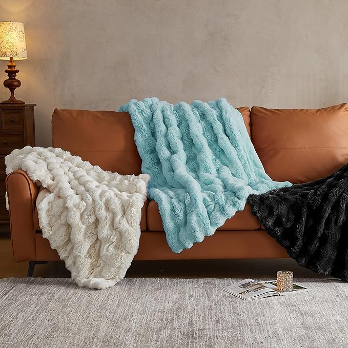 JELLYMONI Faux Fur Throw Blanket, Black for Couch, Fuzzy Cozy Plush Bubble Bed, Thick and Warm, Twin (60" x 80")-Ruum Studio Home