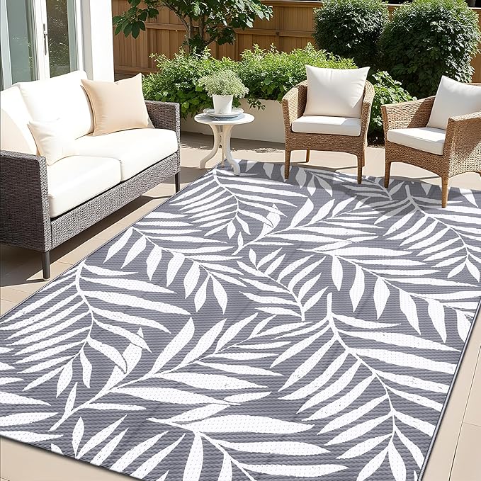 OLANLY Waterproof Outdoor Rug 5x8 ft, Reversible Outdoor Plastic Straw Rug with Leaf Pattern, RV Mat, Indoor Outdoor Carpet for Patio, Camping, Balcony, Deck, Backyard, Grey & White-Ruum Studio Home