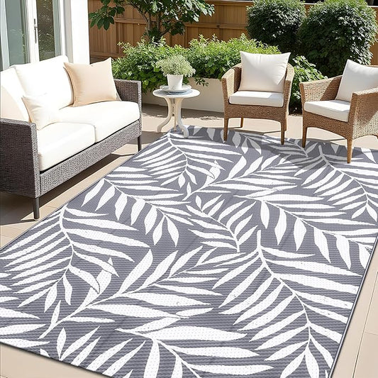 OLANLY Waterproof Outdoor Rug 5x8 ft, Reversible Outdoor Plastic Straw Rug with Leaf Pattern, RV Mat, Indoor Outdoor Carpet for Patio, Camping, Balcony, Deck, Backyard, Grey & White-Ruum Studio Home