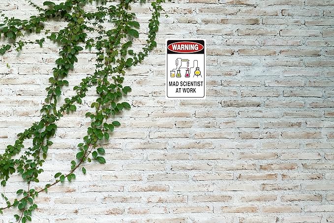 Vintage Tin Sign Retro Metal Funny Warning Mad Scientist At Work Signs for Home Decor Stylish Wall Art Plaques Gift for Bathroom Kitchen and Gothic Wall Decor in Every Room 12x8 in-Ruum Studio Home