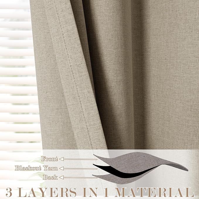 100% Blackout Linen Textured Drapes for Bedroom Pinch Pleated Curtains for Track System Portable Drapery for Sliding Glass Door/Storage/Space Room Divider, 70" Wx102 L, 1 PC, Light Khaki-Ruum Studio Home