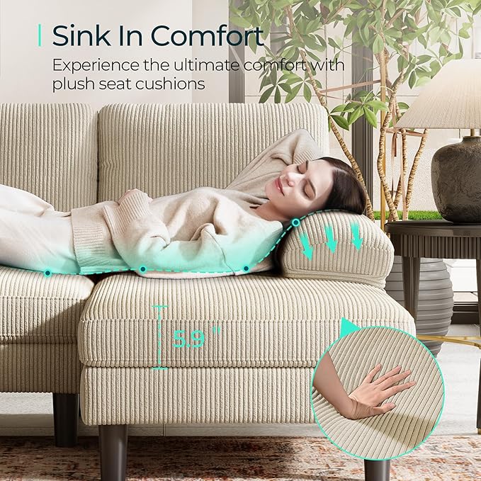 LINSY HOME Sectional Couch, 111'' W Corduroy U Shaped Sofa with Sleepable Armrests, 4 Seat Couch with Double Chaises, Deep Seat Sofa for Living Room, Beige-Ruum Studio Home