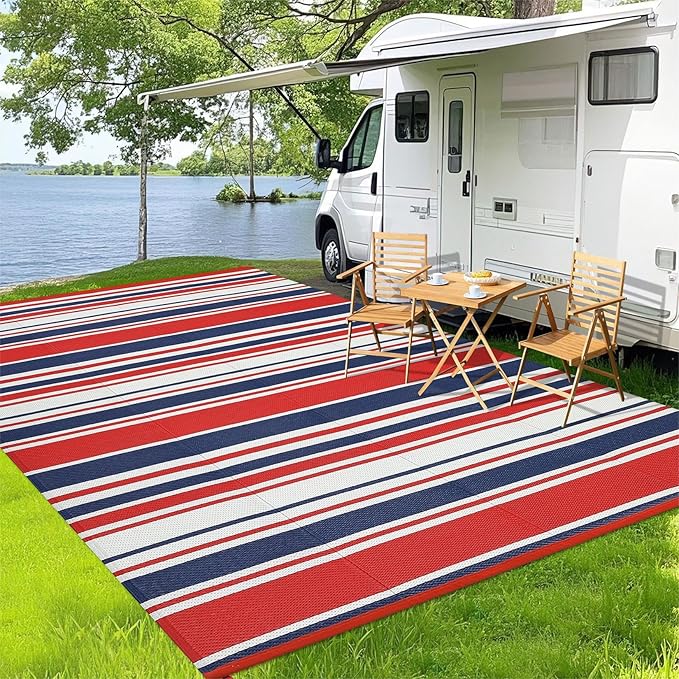 Outdoor Patio Rug 9x12 Stain-Resistant Reversible Camping Mat, Modern Striped Outdoor Plastic Straw Rug, Waterproof Outside Carpet, Easy to Clean for RV, Porch, Deck, Balcony, Red Blue White-Ruum Studio Home