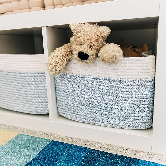 OrganiHaus Set of 3 Woven Storage Baskets for Organizing, Cotton Rope Organizer Bins for Shelves, Closet & Nursery, Dog Toy Basket, Decorative Bins for Toys, Towels & Books - 15x10x9, Blue/Off-White-Ruum Studio Home