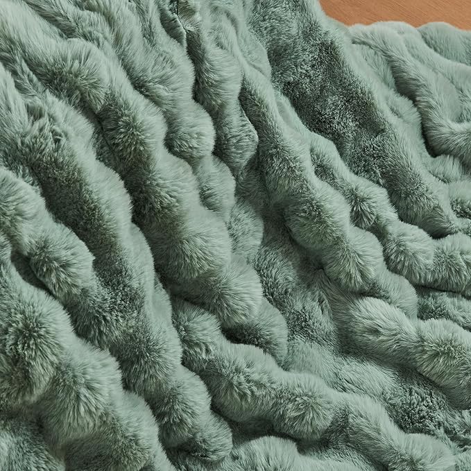 Lotus Karen Faux Fur Throw Blanket Sage Green - Big Bubble Rabbit Fluff Blanket for Couch Bed Sofa,Softest Fluffy Fuzzy Cozy Blanket,Plush Thick Furry Shaggy Warm Blankets for Women,60x80 Inches-Ruum Studio Home