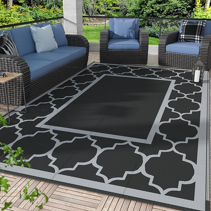 GENIMO 4 ' x 6 ' Outdoor Rug for Patio, Waterproof Indoor Outdoor Plastic Straw Rugs Carpet, Reversible Outside Area Mat for Camping, Balcony Porch, Deck, Picnic, Beach Black Grey-Ruum Studio Home