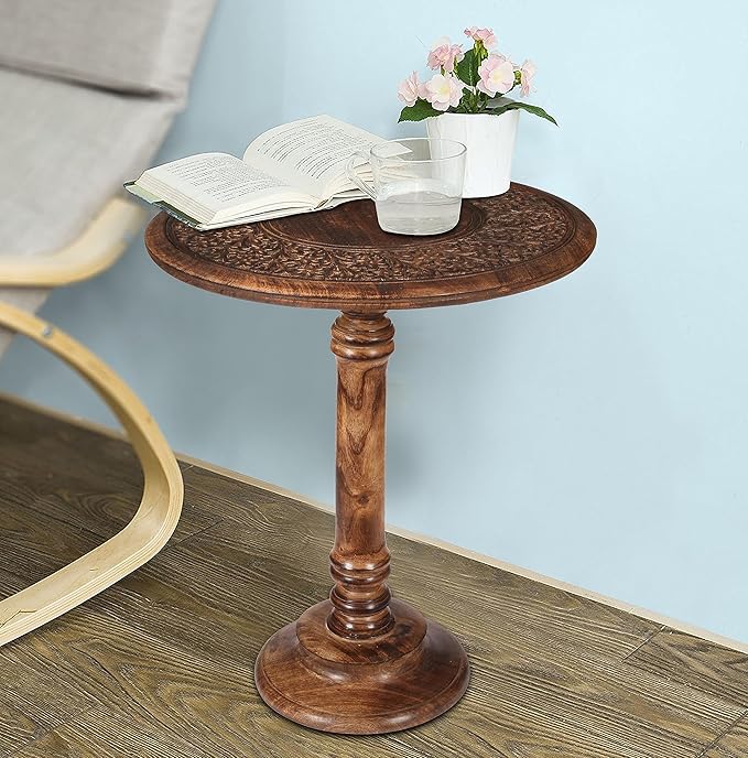 Lightnpro Hand Carved Solid Mango Wood Round Pillar Accent Table - 18" × 22" Rustic Farmhouse Side End Table | VintageRustic Boho Nightstand for Living Room, Bedroom & Entryway-Ruum Studio Home