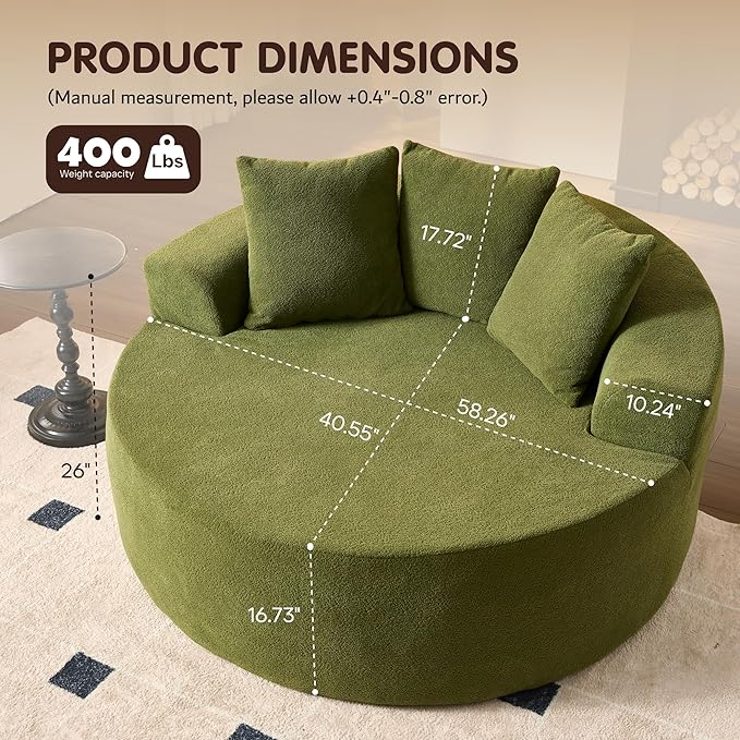 ovios 58" Oversized Round Chair Lounge Chaise Indoor, No Assembly Required, Cloud Large Circle Chair with Plush Fuax Fur, Fluffy Modern Sleeper Sofa Bed for Reading Yoga, Green (Cloud Velvet)-Ruum Studio Home