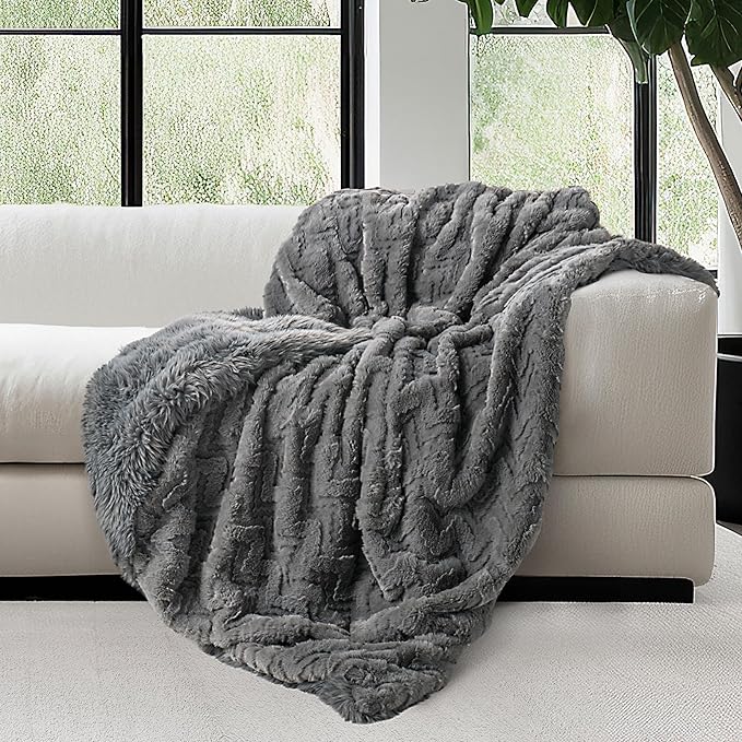 Mon Chateau Grey 3D Jacquard Faux Fur Throw, Plush Luxury Blanket for Couch, Sofa, or Bed, Soft Reversible Throw Blanket for Sleeping, Home & Room Décor, 60" x 70"-Ruum Studio Home