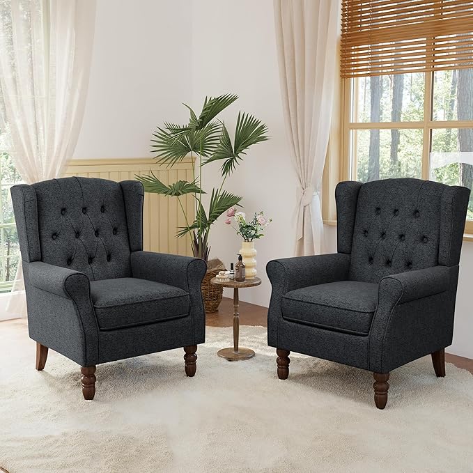 Lumibee High Back Accent Chair Set of 2,Upholstered Wingback Armchair with Solid Wood Legs for Small Spaces,Comfy Single Sofa Chair for Living Room,Bedroom,Office-Black Blue-Ruum Studio Home