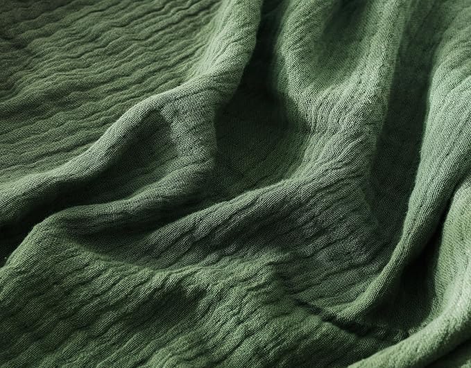 100% Cotton Muslin Throw Blanket for Bed, Couch, Small, Decorative, Soft, Pre-Washed, Breathable and Lightweight Gauze Blanket with Tassels, Suitable for All Seasons, Olive Green, 50"x60"-Ruum Studio Home