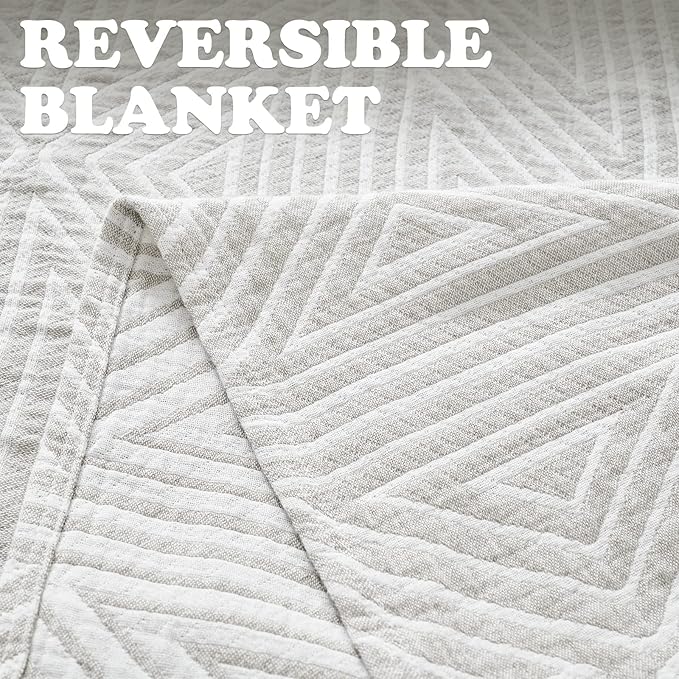 jinchan Boho 100% Cotton Blanket Muslin Twin Size 60x80 Inches Lightweight 3-Layer Geometric Triangle Striped Reversible Quilt Throw Soft Breathable Comfy All Seasons for Couch Bed Decor, Light Grey-Ruum Studio Home