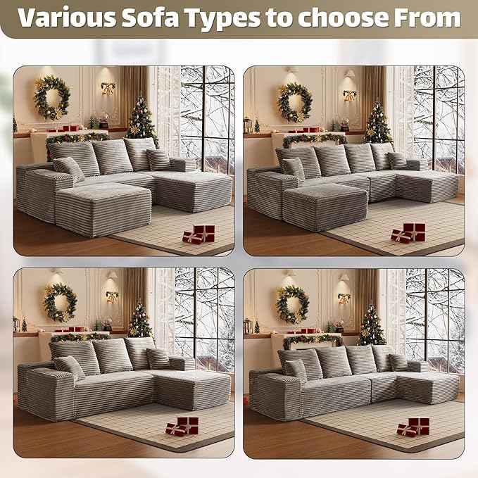 HYJT H&K Modular Sectional Sofa Cloud Couch, 107" Comfy L Shaped Sectional Couches for Living Room, Deep Seat Memory Foam Plush Fluffy Corduroy Boneless Couch Sectionals Right Facing Sofa Chaise Brown-Ruum Studio Home