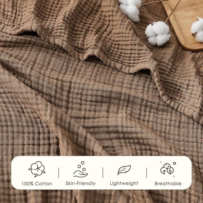 EMME Cotton Muslin Queen Blanket Bed Layering Breathable Gauze Blanket Soft Lightweight Blankets Adults (Brown, 90"x90")-Ruum Studio Home