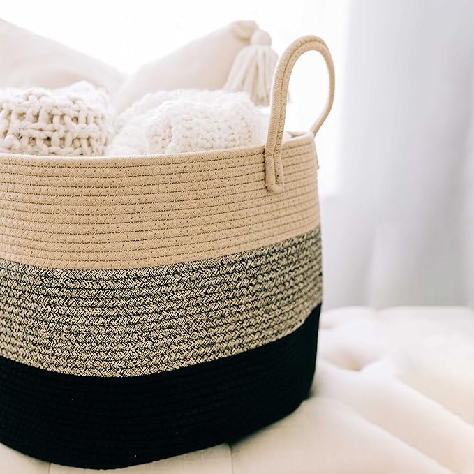 OrganiHaus Woven Laundry Basket, Large Cotton Rope Blanket Holder with Handles, Soft & Sturdy Nursery Hamper, Decorative Toy Bin for Living Room Organization 20x13 inches - Brown/Black-Ruum Studio Home