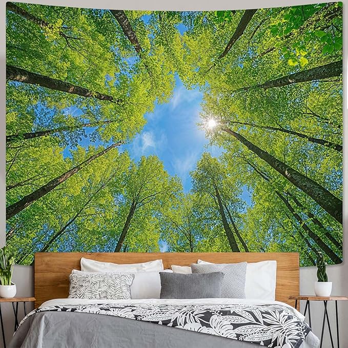 AMM Nature Forest Tree Celling Tapestry Lush Green Treetops Sunlit Tapestry for Bedroom Aesthetic Sky Sunlight Canopy Leaves Landscape Tapestries Wall Hanging for Living Room Dorm Office 60 x 44 Inch-Ruum Studio Home