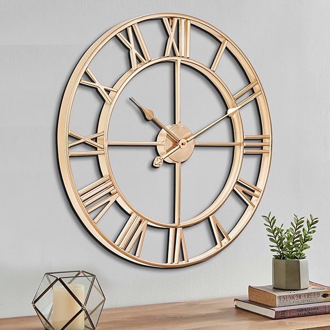 CLXEAST Champagne Gold Metal Wall Clock, Large Roman Numeral 24 Inch Wall Clocks for Living Room Decor,House Warming Gifts New Home-Ruum Studio Home