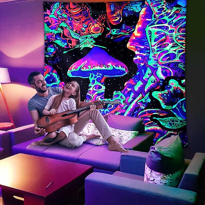 ADDWel Blacklight Mushroom Tapestry, Upright Tapestry Glow In The Dark, UV Reactive Black Light Tapestries Posters Wall Hanging for Bedroom Dorm Living Room Backdrop Decor (mushroom, 30" x 40")-Ruum Studio Home