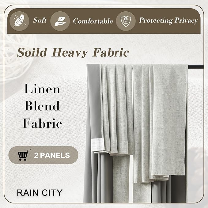 Linen Natural Blackout Curtains 84 Inch Long 2 Panels Set,Back Tab Pleated Burlap Textured Window Draperies with Hooks, Noise Reducation Black Out Darkening Curtains for Bedroom,50x84 in Length-Ruum Studio Home
