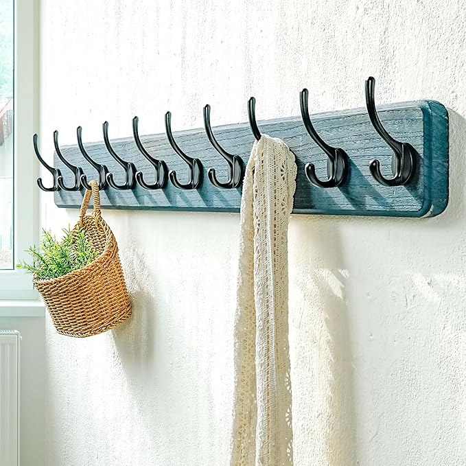 Dseap Coat Rack Wall: 38-1/4" Long, Patented, Heavy-Duty, 10-Double-Hooks Wooden Wall Mounted Coat Rack Coat Hanger Hook Rail for Winter Coats Hat Jacket Clothing, Weathered Blue, Pack of 2-Ruum Studio Home