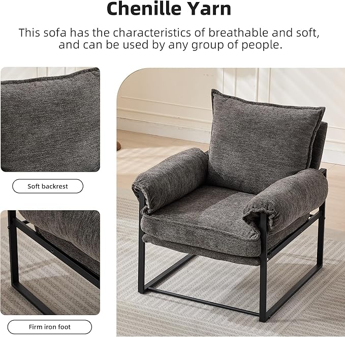 YISHENG Accent Chair with 6-Angle Adjustable Backrest, Chenille Fabric Living Room Chair Upholstered Lounge Chair, Modern Chair Cozy Reclining Chair for Reading Room, 1PC Gray-Ruum Studio Home