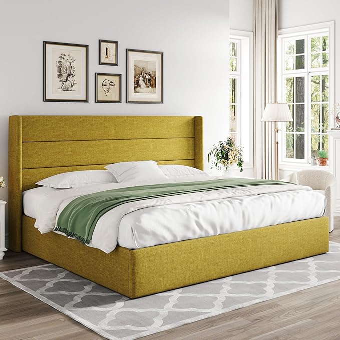 Allewie King Size Lift Up Storage Bed, Modern Wingback Headboard, Hydraulic Support, No Box Spring Needed, Olive Yellow-Ruum Studio Home