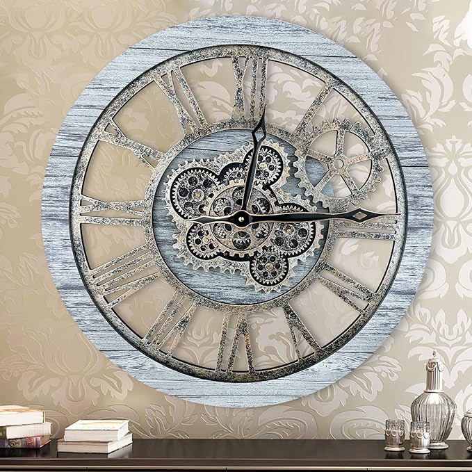 HOIBAI Large Wall Clock, Wall Clocks for Living Room Decor Farmhouse Vintage Rustic Kitchen Wall Decor Vintage Roman Big Oversized Wall Clock for Home Bedroom House Office, Moving Gears Clock-Ruum Studio Home