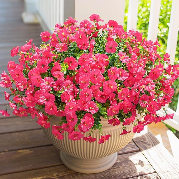 Artificial Flowers for Outdoors Fake Plants Outside Decoration, 12 Bundles Silk Hot Pink Morning Glory UV Resistant Look Real Faux Flowers for Planter Front Door Porch Patio Yard Gardens Home-Ruum Studio Home