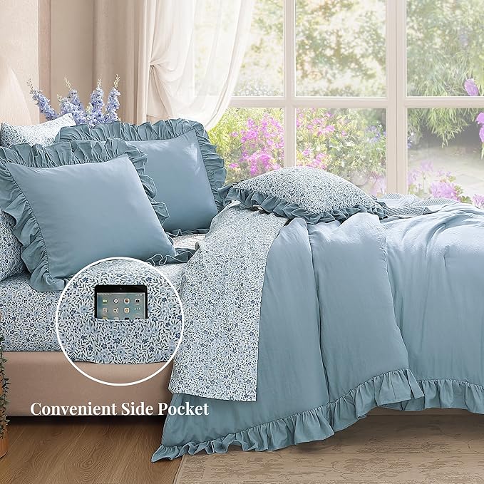 Full Comforter Set - 7 Pieces Ruffle Blue Bedding Sets, Shabby Chic Farmhouse Bed in a Bag Full with Ruffle Comforter, Floral Sheets, Pillowcases & Shams-Ruum Studio Home