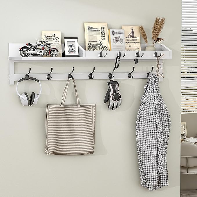 AMBIRD 35 inch Coat Rack Wall Mount, Extra Long Coat Hooks Wall Mount, Entryway Shelf with 7 Dual Coat Hooks 4 Key Hooks Mail Organizer, Wooden Wall Coat Rack with Hooks, Key Holder Rack (White)-Ruum Studio Home