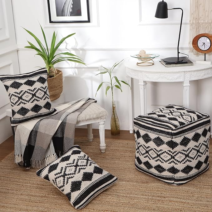 REDEARTH · Tufted Pouf Ottoman with Filler Textured Storage Cube Bean Bag Pouffe Footrest for Living Room, Bedroom, Nursery, Kidsroom; 100% Cotton (17.5"X17.5"X17.5", Linear Diamond Black)-Ruum Studio Home