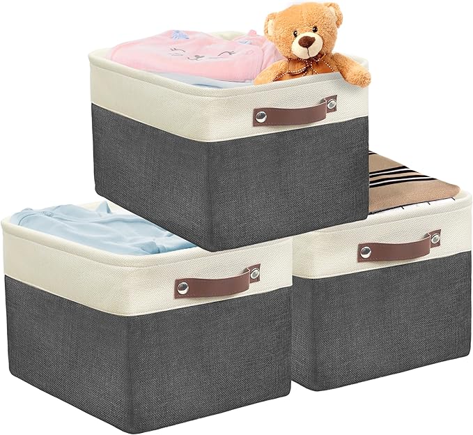 SIMPLE HOUSEWARE Large Fabric Storage Bin, 15" x 11" with Leather Like Handles, 3 Pack, Dark Gray-Ruum Studio Home