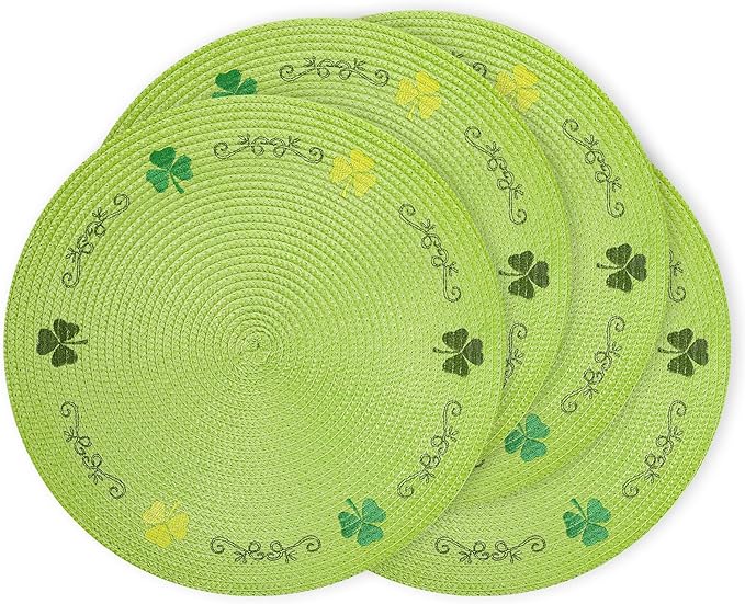 Whaline 4Pcs Round St. Patrick's Day Placemats Embroidered Shamrock Place Mats Green Clover Dinner Table Mats for Home Spring Irish Holiday Birthday Party Decor-Ruum Studio Home