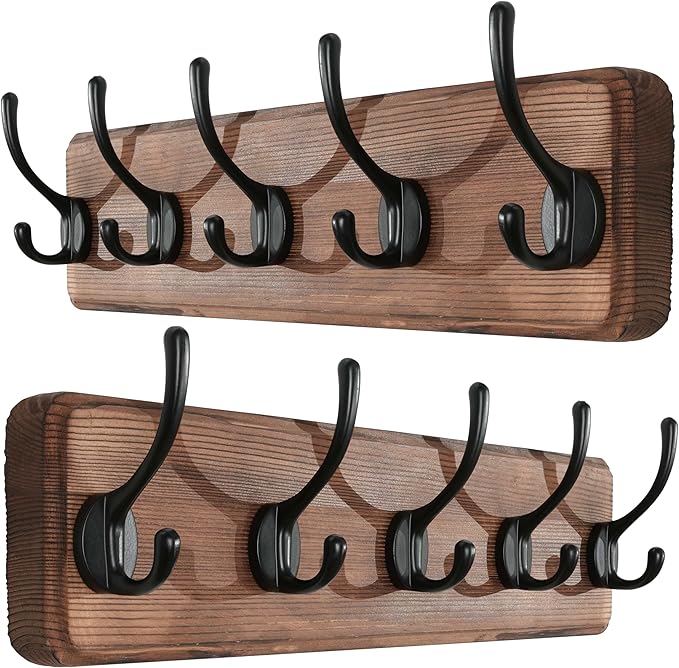 SKOLOO Rustic Wall Mounted Coat Rack, Case of 2, Pine Solid Wood Coat Hook Hanger - 5 Hooks for Hanging Clothes Robes Towels Coats-Ruum Studio Home