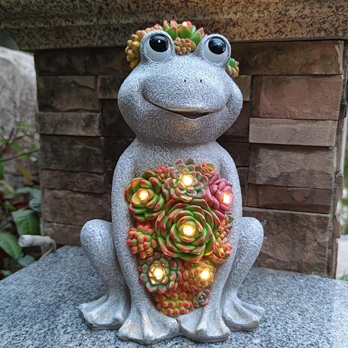 Large Frog Solar Garden Outdoor Statues with Succulent and 8 LED Lights,Outside Solar Frog Art Decor for Lawn,Yard, Balcony Ornament-Ruum Studio Home