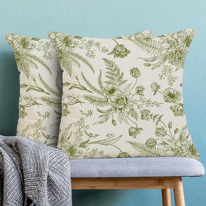 CXMEIFLY Sage Green Floral Leaves Chinoiserie Decorative Throw Pillow Covers Set of 2, 18x18 Inch, Perfect for Living Room, Bedroom, Outdoor Gardens-Ruum Studio Home
