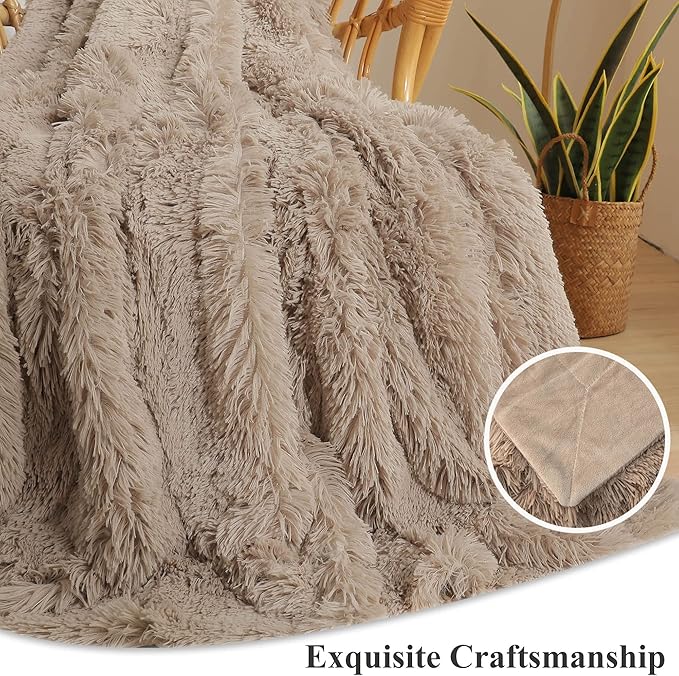 XeGe Luxury Faux Fur Throw, Soft 50x60 Fluffy Blanket, Shaggy Plush Decorative Couch Blanket, Winter Fall Cute Fuzzy Furry Lap Throw for Office Bedroom Living Room Khaki-Ruum Studio Home
