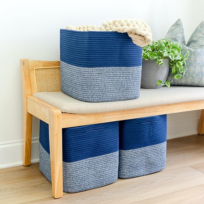 NaturalCozy 13x15x13 Kallax Storage Cubes Bins, 3 Pack | Cotton Rope Cube Storage Bin Woven Baskets for Organizing | Kallax Insert Storage Baskets for Shelves Organizer, Kids Toy, Closet Baby Nursery-Ruum Studio Home