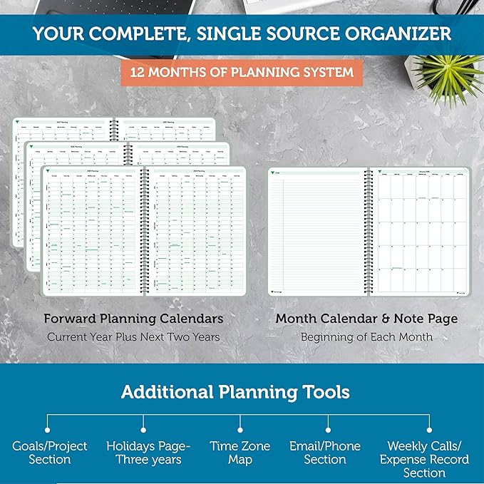 Planner Pad Spiral Bound January-December 2025/ Calendar Year 8 1/2" x 11" Large 3-Tier Funnel Down 12 Month Organizer, Greenish Grey Cover/Soft Green Ink-Ruum Studio Home