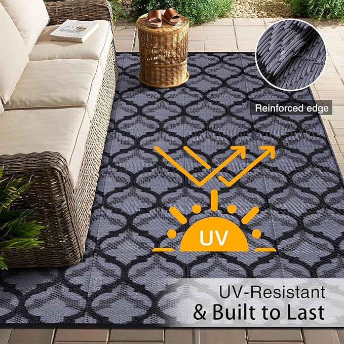 OLANLY Reversible Outdoor Rug 9x12 ft Clearance, Waterproof Outdoor Plastic Straw Rug with Interlacing Pattern, RV Mat for Patio, Camping, Balcony, Deck, Backyard, Black & Grey-Ruum Studio Home